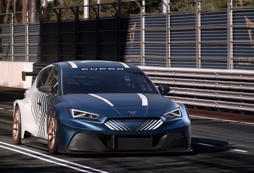 new CUPRA Leon e racer fully electric sports car with no emissions side view on race track