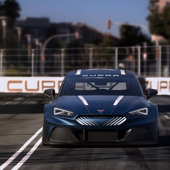 new CUPRA Leon e racer first fully electric race car with zero emissions front view on race track