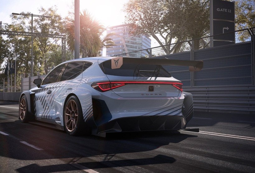 new CUPRA Leon e racer high speed electric sports car rear view on race track
